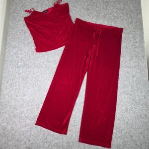 Pajamagram Velour Pajamas Lounge Set Red Camisole Tank Top Wide Leg Pants Medium